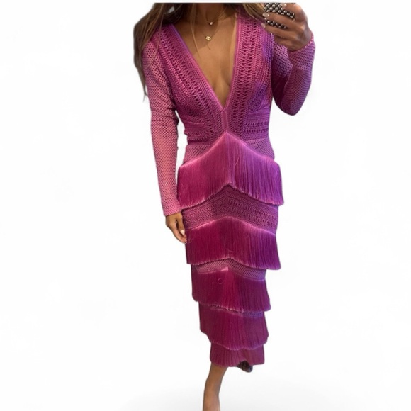 NWT PATBO fuchsia fringe crochet long sleeve dress Cerise pink small | 4 - Picture 2 of 14